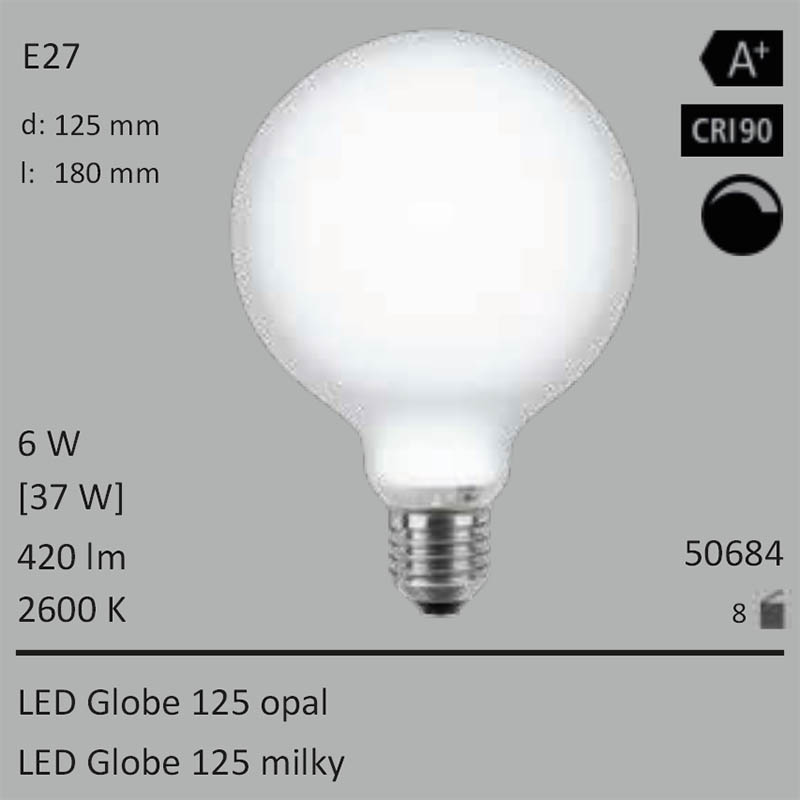  6W=37W Segula LED Globe 125 opal E27 420Lm CRI90 2600K dimmbar 