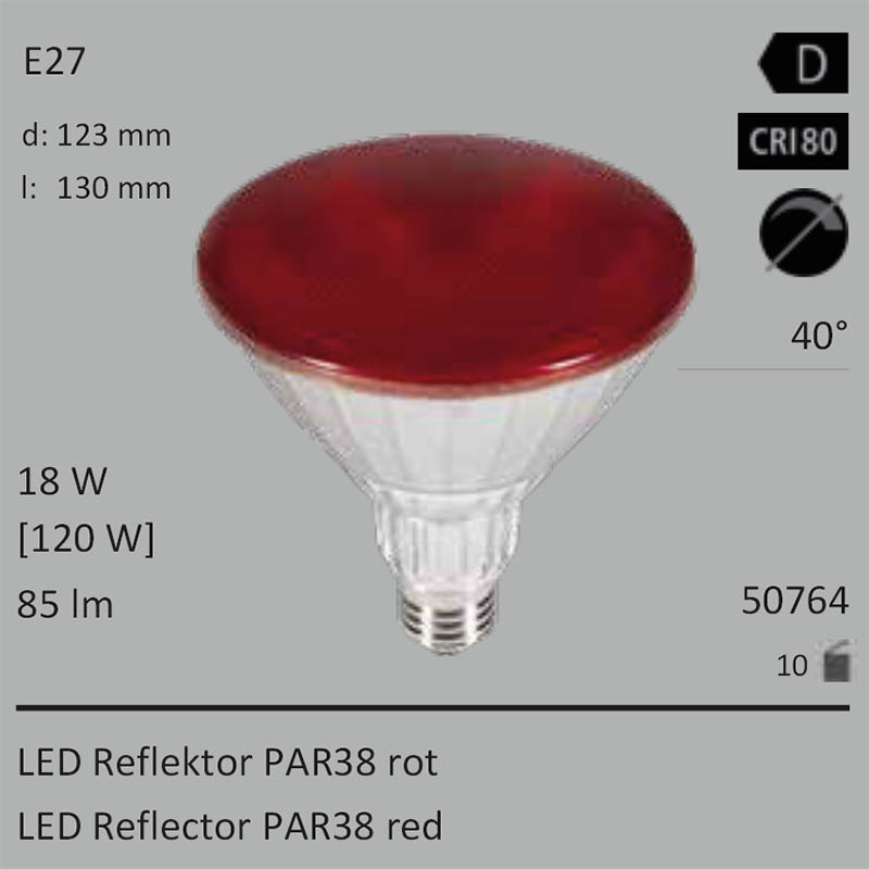  18W=120W SEGULA LED PAR38 Reflektor rot E27 40 85Lm IP65 Ra>80 