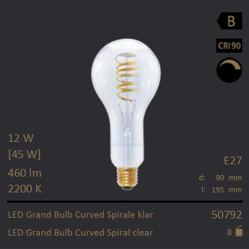  12W=45W Segula LED Grand Bulb Curved Spirale klar E27 460Lm CRI95 2200K dimmbar 