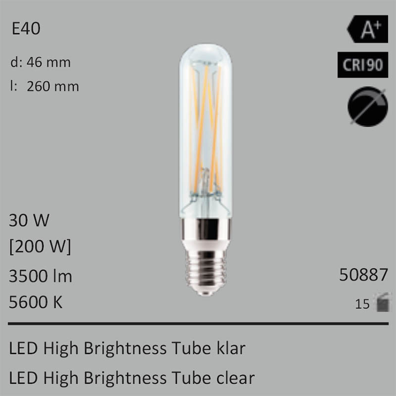  30W=200W Segula LED High Brightness Tube klar E40 3500Lm CRI90 5600K 
