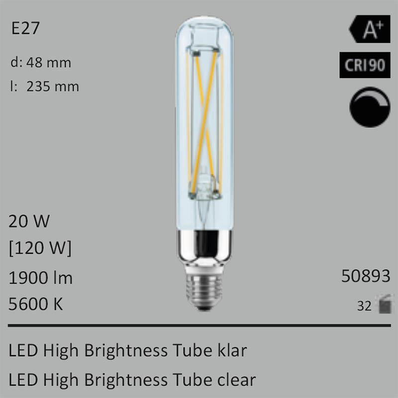  20W=120W Segula LED High Brightness Tube klar E27 1900Lm CRI90 5600K dimmbar 