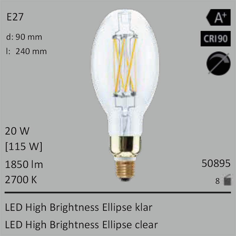  20W=115W Segula LED High Brightness Ellipse klar E27 1850Lm CRI90 2700K 