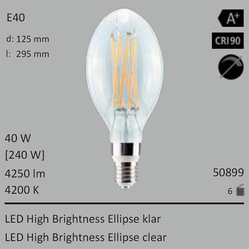  40W=240W Segula LED High Brightness Ellipse klar E40 4250Lm CRI90 4200K 