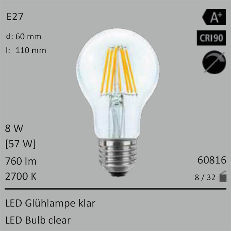  8W=57W Segula LED Glhlampe klar E27 760Lm 360 Ra>90 2700K 