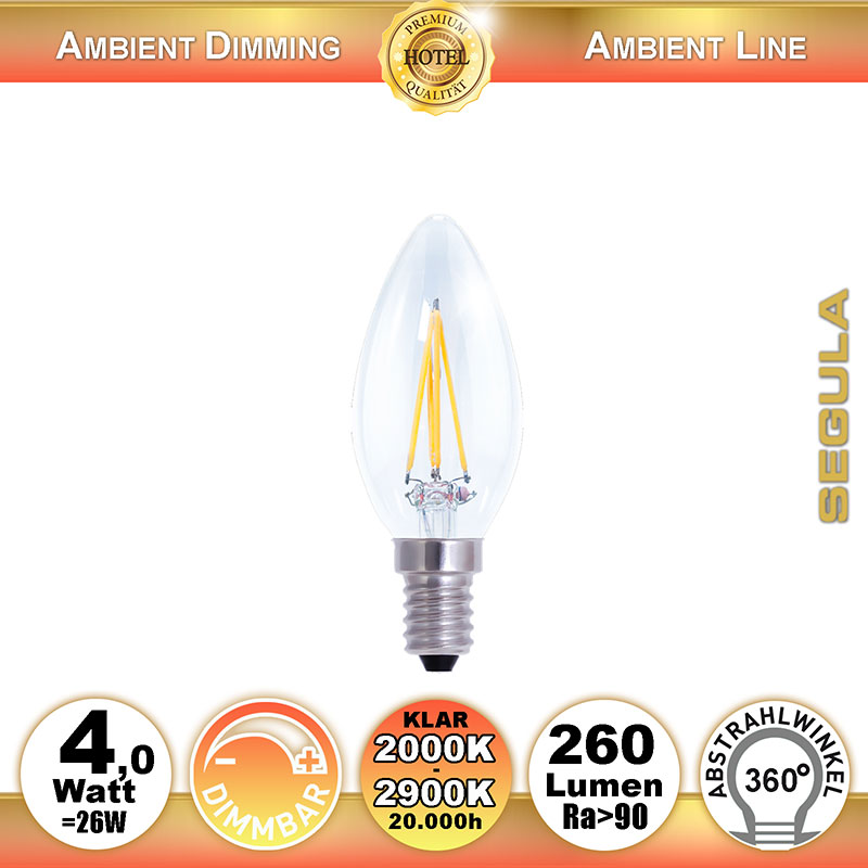  4W=26W LED Ambient Dimming Glas Kerze klar E14 260Lm 360 Ra>90 2000K-2900K 