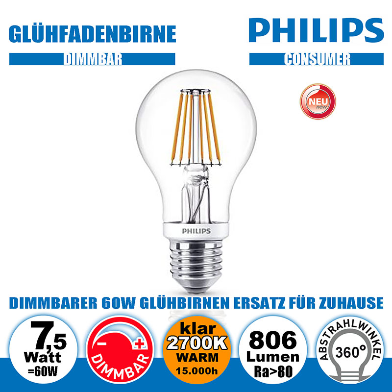  7,5W=60W PHILIPS LED Glhfadenbirne klar E27 806lm 360 2700K Ra>80 Classic dimmbar 