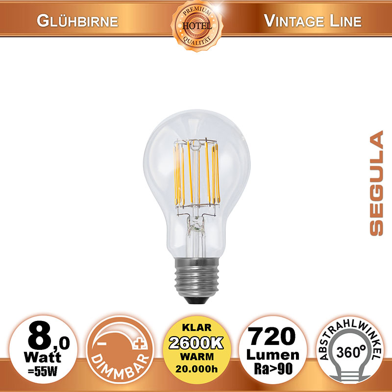  8W=55W LED Glas Glhfadenbirne dimmbar klar E27 720Lm 360 Ra>90 2600K 