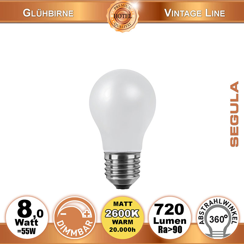  8W=55W LED Glas Glhfadenbirne dimmbar matt E27 720Lm 360 Ra>90 2600K 