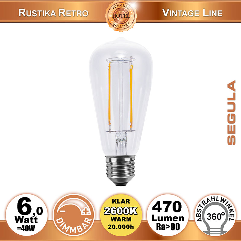  6W=40W LED Rustika Long Style klar dimmbar E27 470Lm 360 Ra>90 2600K warm 