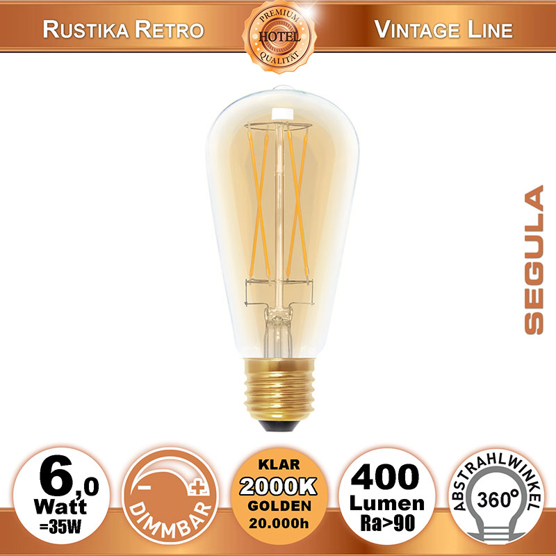  6W=35W LED Rustika Golden Long Style Glas Glhfadenbirne dimmbar klar E27 400Lm 360 Ra>90 2000K 