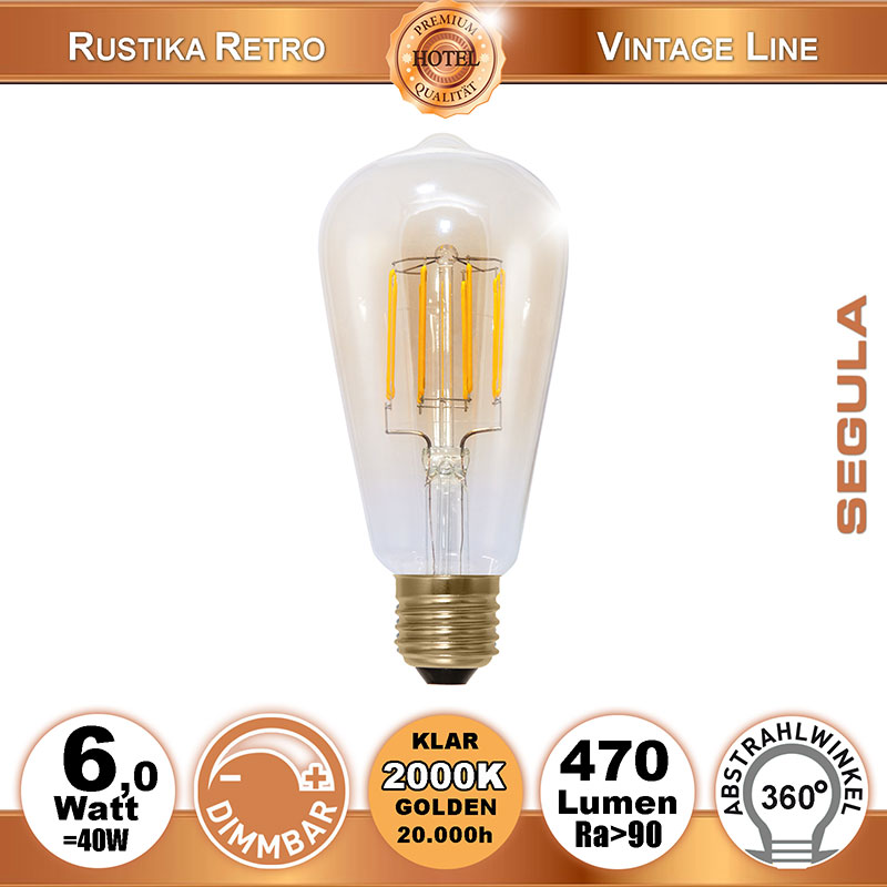  6W=40W LED Rustika Golden Glas Glhfadenbirne dimmbar klar E27 470Lm 360 Ra>90 2000K 