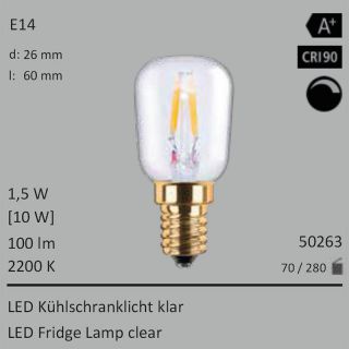  1,5W=10W LED Khlschranklicht klar E14 100Lm 360 Ra>90 2200K dimmbar 