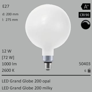  12W=72W Segula LED Grand Globe 200 opal E27 1000Lm CRI90 2600K dimmbar 