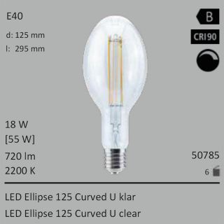  18W=55W Segula LED Ellipse 125 Curved U klar E40 720Lm CRI90 2200K dimmbar 