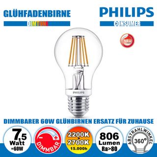  7,5W=60W PHILIPS LED Glhfadenbirne klar E27 806lm 360 Ra>80 DimTone 2200K-2700K 