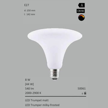  50061 - 8W=44W Segula LED Trumpet 150mm matt E27 540Lm 360 Ra>90 2000-2900K ambient dimmbar  5313.79JPY - 5906.84JPY  