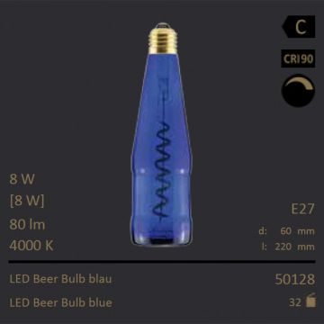  50128 - 8W=8W Segula LED Beer Bulb blau Curved E27 80Lm CRI90 4000K dimmbar  29.32GBP - 30.86GBP  