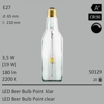  50129 - 3,5W=19W Segula LED Beer Bulb Point klar E27 180Lm CRI90 2200K dimmbar  3945.22JPY - 4386.20JPY  