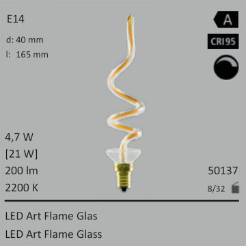 50137 - 4,7W=21W SEGULA LED ART Flame Glas E27 200Lm 360 Ra>95 2200K dimmbar  17.74GBP - 19.67GBP  