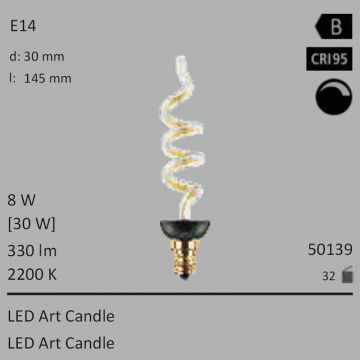  50139 - 8W=30W SEGULA LED ART Candle E27 330Lm 360 Ra>95 2200K dimmbar  17.74GBP - 19.67GBP  