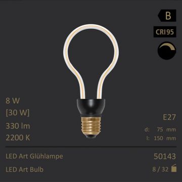  50143 - 8W=30W SEGULA LED ART Glhlampe klar E27 330Lm 360 Ra>95 2200K dimmbar  18.68GBP - 19.67GBP  