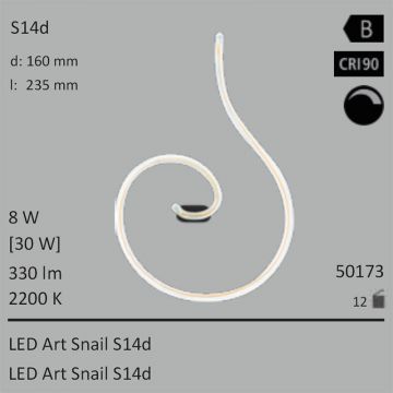  50173 - 8W=30W SEGULA LED ART Snail S14d klar 330Lm 360 Ra>90 2200K dimmbar  28.49GBP - 31.66GBP  