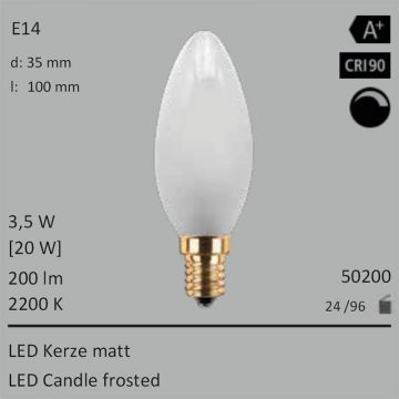  50200 - 3,5W=20W LED Kerze matt E14 200Lm 360 Ra>90 2200K dimmbar  13.35USD - 14.05USD  