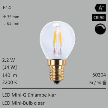  50204 - 2,2W=14W LED Mini-Glhlampe klar E14 140Lm 360 Ra>90 2200K dimmbar  10.02GBP - 11.13GBP  