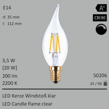  50206 - 3,5W=20W LED Kerze Windstoss klar E14 200Lm 360 Ra>90 2200K dimmbar  1967.57JPY - 2187.13JPY  