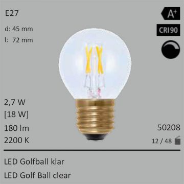  50208 - 2,7W=18W LED Golfball klar E27 180Lm 360 Ra>90 2200K dimmbar  12.58USD - 13.98USD  