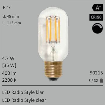  50215 - 4,7W=35W LED Radio Style klar E27 400Lm 360 Ra>90 2200K dimmbar  14.64GBP - 16.27GBP  