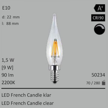  50234 - 1,5W=9W LED French Candle klar E10 90Lm 360 Ra>90 2200K dimmbar  2293.49JPY - 2549.27JPY  