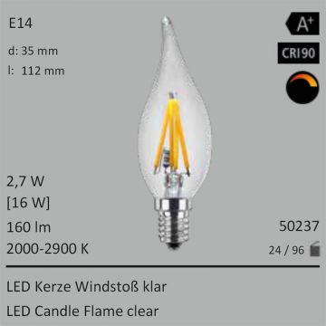  50237 - 2,7W=16W LED Windstoss Kerze klar E14 160Lm 360 Ra>90 2000-2900K ambient dimmbar  2446.96JPY - 2719.79JPY  