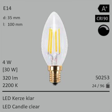  50253 - 4W=30W LED Glas Glhfadenkerze dimmbar klar E14 320Lm 360 Ra>90 2200K  2272.51JPY - 2525.95JPY  