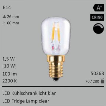  50263 - 1,5W=10W LED Khlschranklicht klar E14 100Lm 360 Ra>90 2200K dimmbar  1986.56JPY - 2208.23JPY  