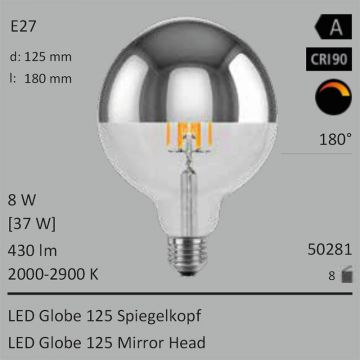  50281 - 8W=40W LED Globe 125 Spiegelkopf silber E27 430Lm 360 Ra>90 2000-2900K ambient dimmbar  32.15USD - 35.73USD  