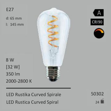  50302 - 8W=32W LED Rustika Curved Spirale klar E27 350Lm 360 Ra>90 2000-2800K Ambient Dimming  34.10USD - 37.91USD  