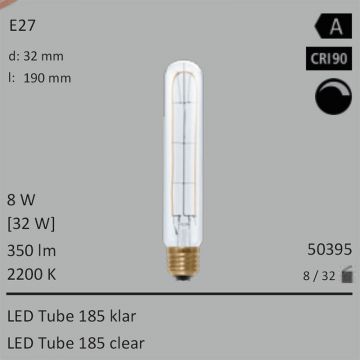  50395 - 8W=32W Segula LED Tube 185 klar E27 350Lm CRI90 2200K dimmbar  25.34USD - 28.17USD  