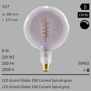  50402 - 8W=20W Segula LED Grand Globe 200 Curved Spirale grau E27 200Lm CRI90 2000K dimmbar  9056.59JPY - 10063.81JPY  