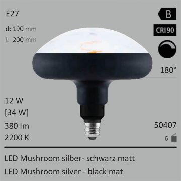  50407 - 12W=34W Segula LED Mushroom schwarz matt E27 380Lm 180 CRI90 2200K dimmbar  10567.42JPY - 11742.51JPY  