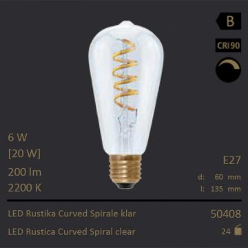  50408 - 6W=20W Segula LED Rustika Curved Spirale klar E27 200Lm CRI90 2200K dimmbar  25.75USD - 27.11USD  