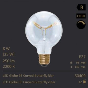  50409 - 8W=25W Segula LED Globe 95 Curved Butterfly klar E27 250Lm CRI90 2200K dimmbar  27.82USD - 29.28USD  