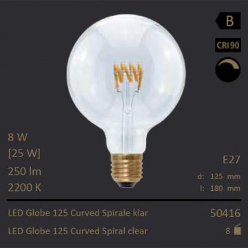  50416 - 8W=25W Segula LED Globe 125 Curved Spirale klar E27 250Lm CRI90 2200K dimmbar  25,60EUR - 26,95EUR  