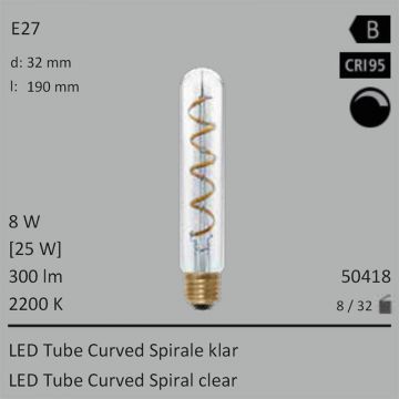  50418 - 8W=25W Segula LED Tube Curved Spirale klar E27 250Lm CRI90 2200K dimmbar  29.25USD - 31.47USD  