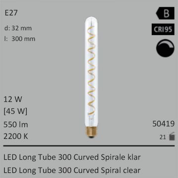  50419 - 12W=45W Segula LED Long Tube 300 Curved Spirale klar E27 550Lm CRI95 2200K dimmbar  33.90USD - 37.68USD  