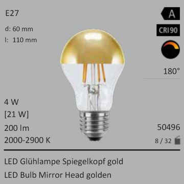  50496 - 4W=21W LED Spiegelkopf Birne gold E27 200Lm 180 Ra>90 2000-2900K ambient dimmbar  22.44USD - 24.95USD  