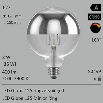  50499 - 8W=35W LED Globe 125 Ringverspiegelt silber E27 400Lm 360 Ra>90 2000-2900K ambient dimmbar  25.41GBP - 28.23GBP  