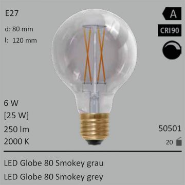  50501 - 6W=25W LED Globe 80 Smokey grau E27 250Lm 360 Ra>90 2000K dimmbar  19.27GBP - 21.42GBP  
