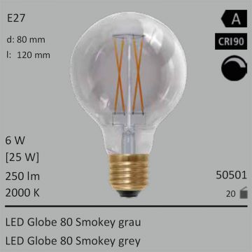  50501 - 6W=25W LED Globe 80 Smokey grau E27 250Lm 360 Ra>90 2000K dimmbar  3791.58JPY - 4213.81JPY  