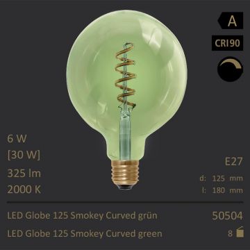  50504 - 6W=30W Segula LED Globe 125 Smokey Grn E27 325Lm CRI90 2000K dimmbar  4689.30JPY - 4938.26JPY  